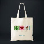 Tote Bag Peace Love Horses Cute Custom Horseback équitation<br><div class="desc">J'adore les beaux chevaux. Un joli signe de paix vert,  un coeur rouge et un cheval brun sur un carré bleu font un joli cadeau équestre sac fourre-tout.</div>