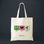 Tote Bag Peace Love Horses Cute Custom Horseback équitation<br><div class="desc">J'adore les beaux chevaux. Un joli signe de paix vert,  un coeur rouge et un cheval brun sur un carré bleu font un joli cadeau équestre sac fourre-tout.</div>