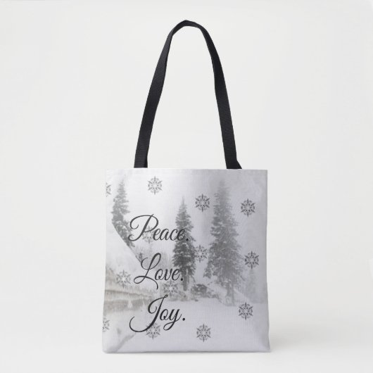 Tote Bag Peace Love Joy | Noir et blanc Snowfall Noël (Devant)
