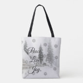 Tote Bag Peace Love Joy | Noir et blanc Snowfall Noël (Dos)