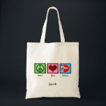 Tote Bag Peace Love Karate Kick Custom<br><div class="desc">Panneau de paix,  coeur,  et un instructeur de karaté exécutant un coup de pied d'arts martiaux cool. Peace Love Karate cadeau personnalisé avec un nom enfant ou adulte.</div>