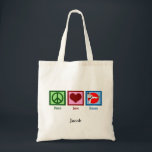 Tote Bag Peace Love Karate Kick Custom<br><div class="desc">Panneau de paix,  coeur,  et un instructeur de karaté exécutant un coup de pied d'arts martiaux cool. Peace Love Karate cadeau personnalisé avec un nom enfant ou adulte.</div>