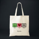 Tote Bag Peace Love Pirates Team Personnalisé Kids<br><div class="desc">Que vous applaudissiez à l'équipe de votre maison Les Pirates ou que vous aimiez vraiment les pirates de la mer,  c'est un cadeau cool avec un signe de paix amusant,  le coeur,  et un crâne et des os croisés. Ahoy,  matey !</div>