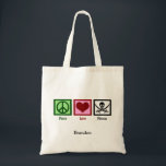 Tote Bag Peace Love Pirates Team Personnalisé Kids<br><div class="desc">Que vous applaudissiez à l'équipe de votre maison Les Pirates ou que vous aimiez vraiment les pirates de la mer,  c'est un cadeau cool avec un signe de paix amusant,  le coeur,  et un crâne et des os croisés. Ahoy,  matey !</div>