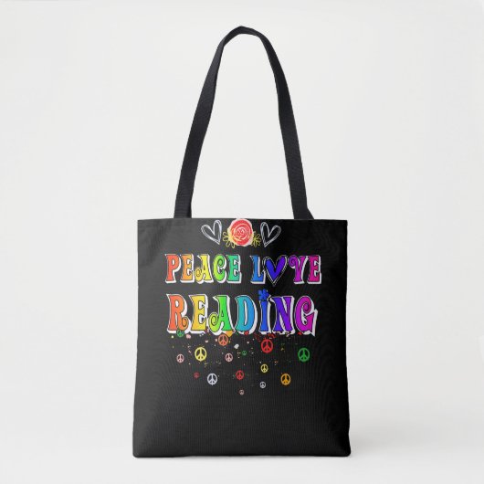 Tote Bag Peace Love Reading Cute Floral Heart (Devant)
