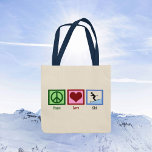 Tote Bag Peace Love Ski Trip Cute Skiing<br><div class="desc">Un cadeau de sac fourre-tout de ski pour un passionné de ski qui aime se rendre sur les pistes en hiver. Un signe de paix,  un coeur et une personne en ski qui descend une montagne enneigée en bleu. Un cadeau de Noël de ski cool.</div>
