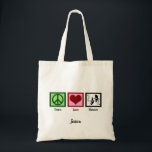 Tote Bag Peace Love Theater Cute Personnalisé<br><div class="desc">Un cadeau de théâtre parfait pour ceux qui aiment les arts de la scène. Un joli club de théâtre présent pour un acteur. Sac fourre-tout de théâtre Peace Love monogrammed avec le nom d'une actrice dans une pièce.</div>