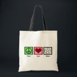 Tote Bag Peace Love Wicca<br><div class="desc">Un signe de paix, un coeur, et le symbole de Wicca.</div>