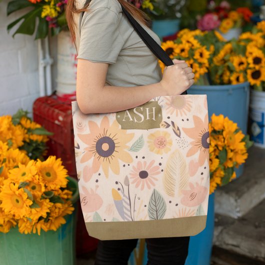 Tote Bag Peach Brown Floral Monogramme