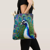 Tote Bag Peacock blanc bleu et vert Piebald (De près)