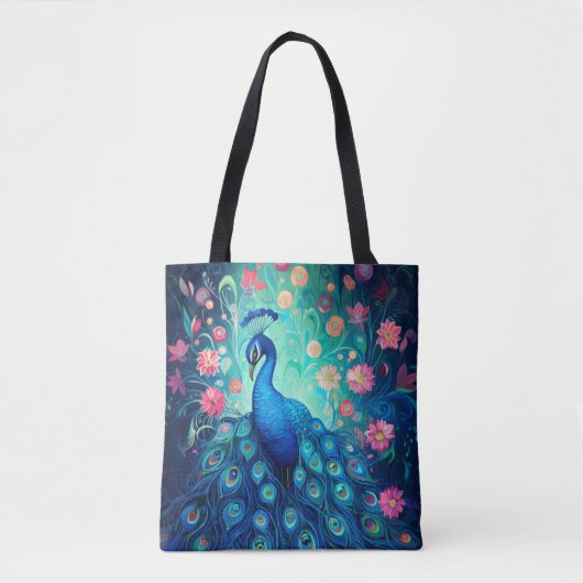 Tote Bag Peacock - Plumes d'Aqua Vert Bleu & Fleurs Roses (Devant)