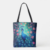 Tote Bag Peacock - Plumes d'Aqua Vert Bleu & Fleurs Roses (Dos)
