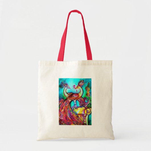 Tote Bag PEACOCKS EN AMOUR rouge bleu turquase vert (Devant)