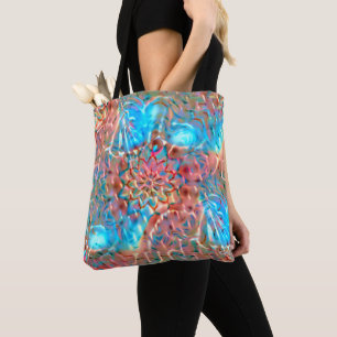 Tote Bag Pêche à la floraison et aqua sous verre martelé