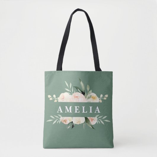 Tote Bag Pêche et aquarelle verte fleurie et feuillage (Devant)