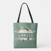 Tote Bag Pêche et aquarelle verte fleurie et feuillage (Dos)
