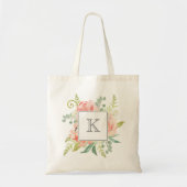 Tote Bag Pêche et crème Aquarelle Florale avec Monogramme (Devant)