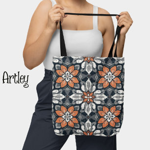 Tote Bag Pêche et motif floral bleu Botanique