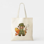 Tote Bag Pêcheur de dessin animé avec Gros Catch Funny Fish (Dos)