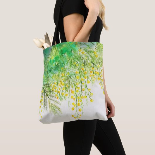 Tote Bag Peinture à l'aquarelle jaune brillant Mimosa (De près)