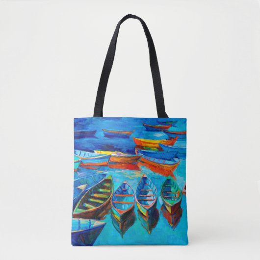 Tote Bag peinture à l'huile de bateaux et mer sur toile. Co (Devant)