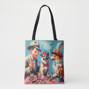 Tote Bag Peinture à l'huile rétro Chiens heureux