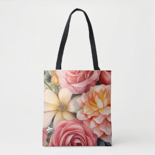 Tote Bag Peinture à l'huile vintage motif floral rose sur l