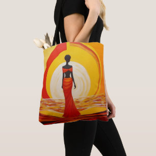 Tote Bag Peinture d'art féminin jaune chaud orange rouge d'
