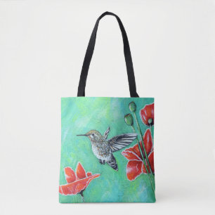 Tote Bag Peinture de colibri et de coquelicots