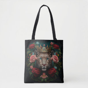Tote Bag Peinture de Jaguar avec Couronne de Fleurs