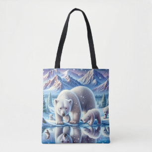 Tote Bag Peinture de scène enneigée de famille d'ours polai