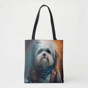 Tote Bag Peinture numérique d'un chien havanais sur vélo