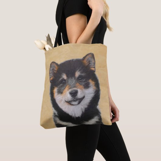 Tote Bag Peinture Shiba Inu (Noir et Tan) - Art Chien (De près)