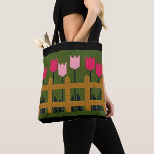 Tote Bag Pence Tulipes roses Vert Crochet Artiste Imprimer