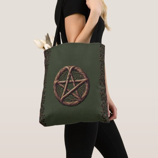 Tote Bag Pentacle de brindille de bois vert olive Wiccan (De près)
