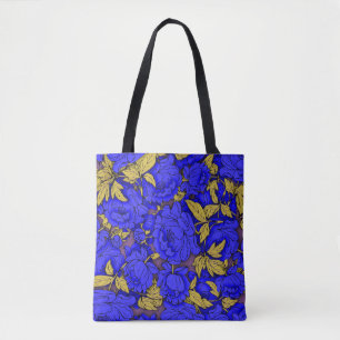 Tote Bag Peonies bleues avec Feuilles d'or