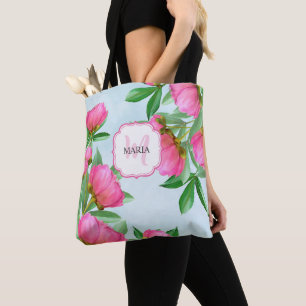 Tote Bag Peonies rose botanique Chic Girly Monogram Peonies