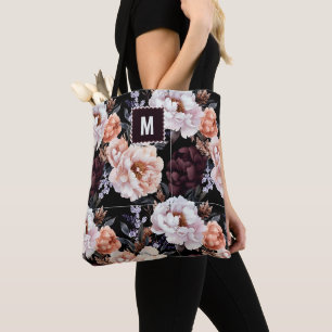 Tote Bag Peonies sombres Motif floral   Monogramme