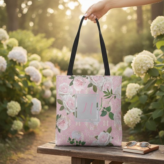 Tote Bag Peonos rose sur le rose et l'or Damask Monogramme