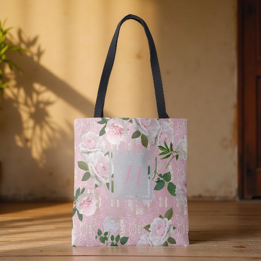 Tote Bag Peonos rose sur le rose et l'or Damask Monogramme