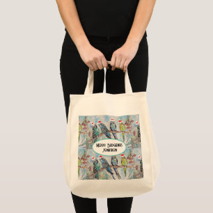 Tote Bag Père Noël Budgie Noël aquarelle peinture oiseau