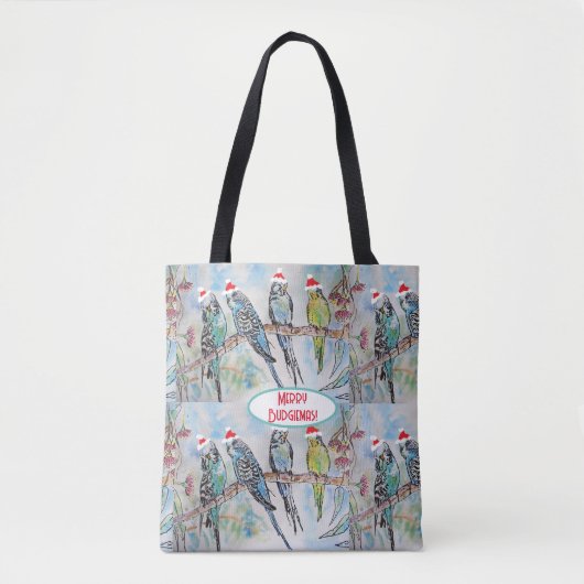 Tote Bag Père Noël Budgie Noël aquarelle peinture oiseau (Devant)