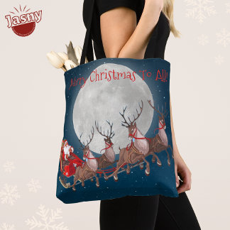 TOTE BAG PÈRE NOËL ET RÉINDEUR VOLENT SUR LA LUNE