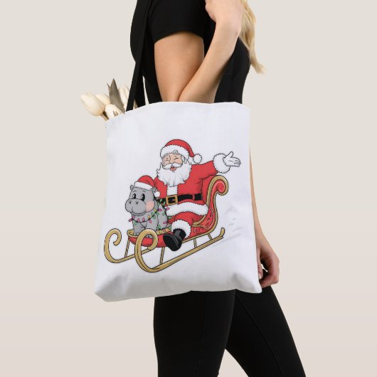 Tote Bag Père Noël Riding Sleigh avec Moo Deng Baby Hippo (De près)