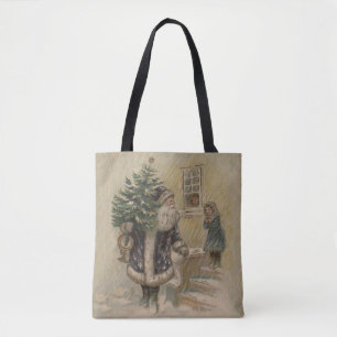 Tote Bag Père Noël Vintage Neige Arbre de Noël