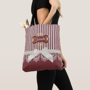 Tote Bag Perles et dentelle Deep Red Stripes Bow et nom