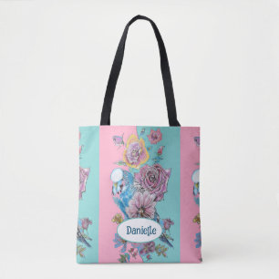 Tote Bag Perroquet Bleu Oiseau Rose Florale Rose Aqua Nom d