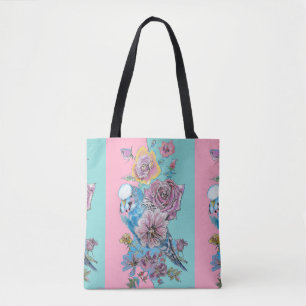 Tote Bag Perroquet Bleu Oiseau Rose Florale Rose Aqua Nom d