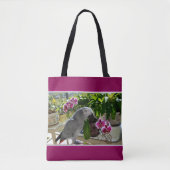 Tote Bag Perroquet de gris africain avec des orchidées (Devant)