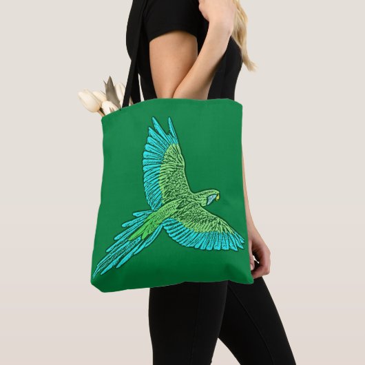 Tote Bag Perroquet en vol, Jade Green et Turquoise (De près)